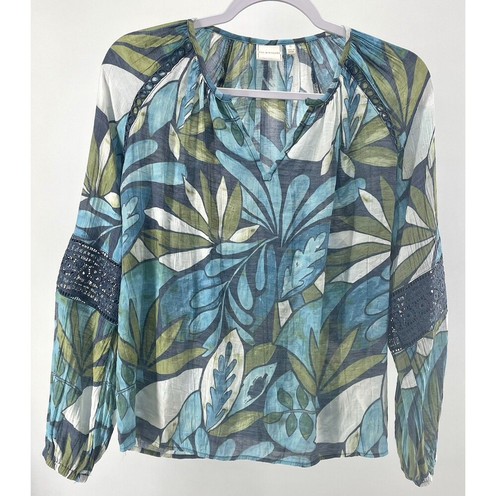 Zac & Rachel Women’s Small Blue Green Tropical Boho Blouse Embroidered Sleeve